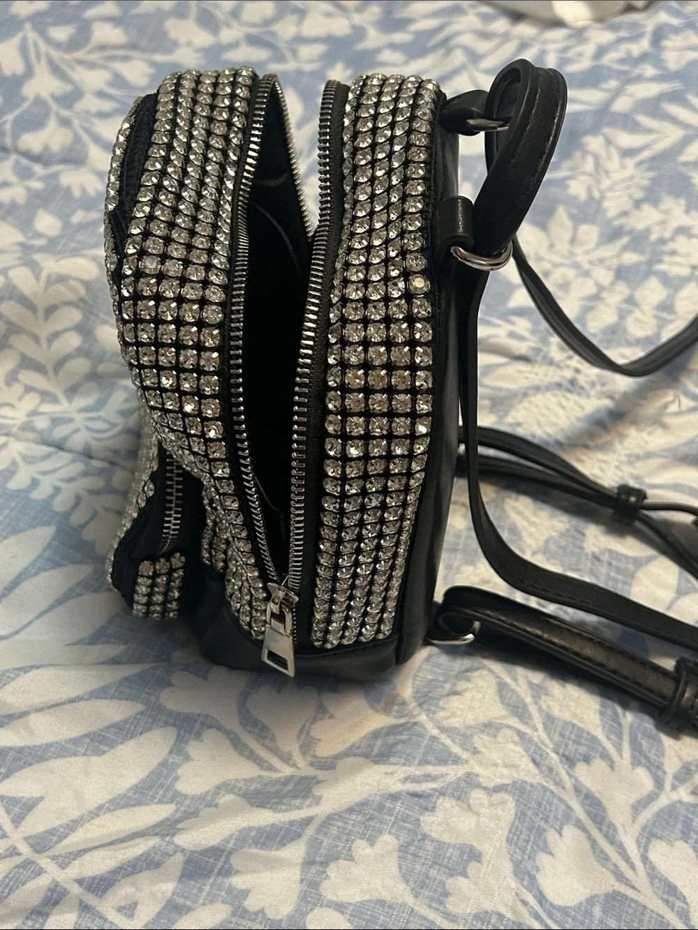 MMS Rhinestone Mesh Mini Backpack With Adjustable Straps and Front Zip Pocket